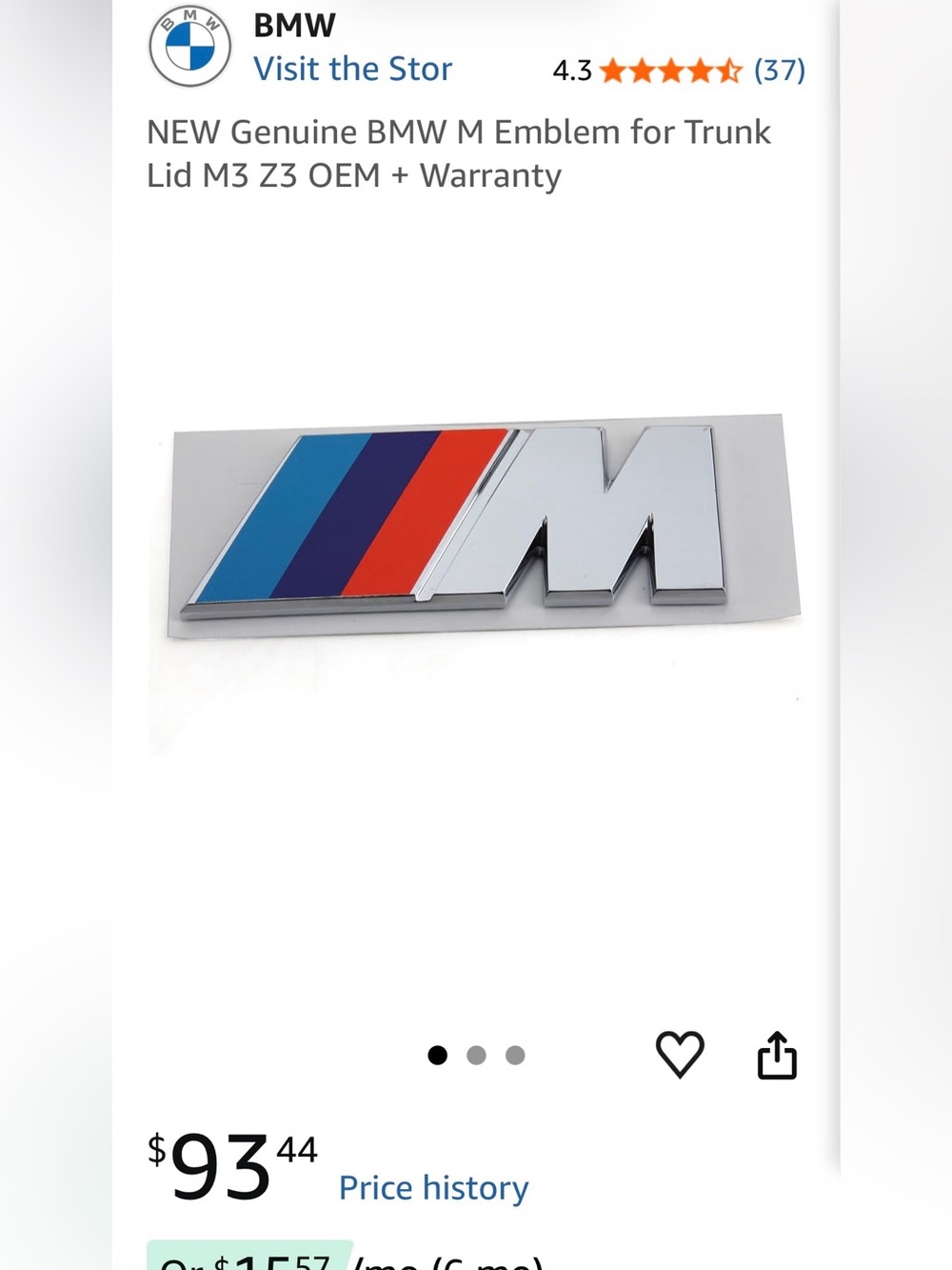 BMW M Car Emblem Decal Large Back Trunk Hatch Chrome Blue, Dark Blue, Red New